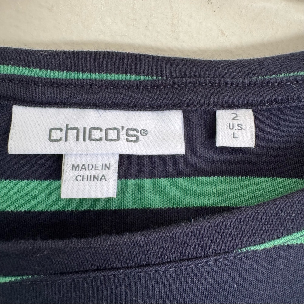 Chico's 100% Cotton Green/Blue Striped Wide-Sleeve Drop-Shoulder T-Shirt 2 (L) - Picture 10 of 11